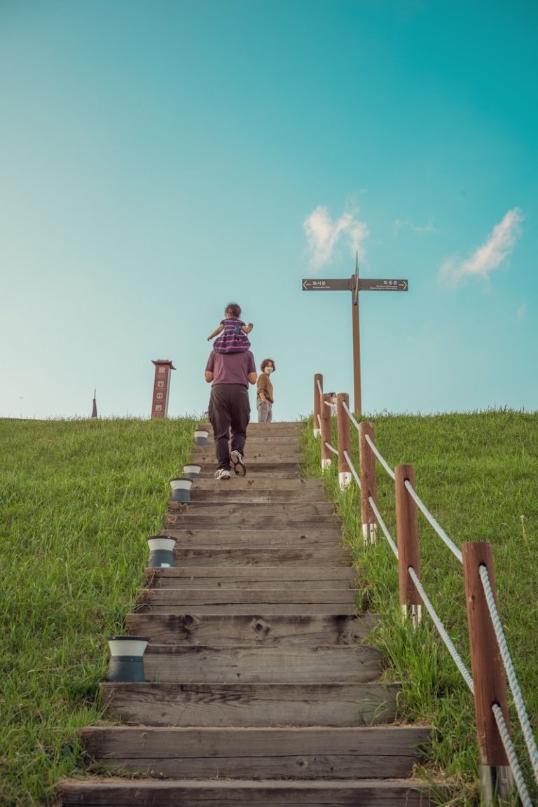 a person walking up a set of stairs